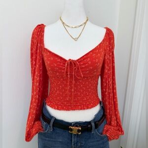 Urban Outfitters Orange Floral Smocked Crop Top Puff Sleeve Cottagecore Small